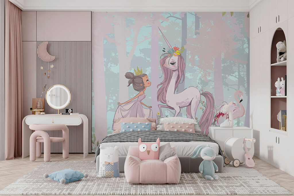 A cartoon of a girl and a unicorn in a forest A cartoon of a girl and a unicorn in a forest