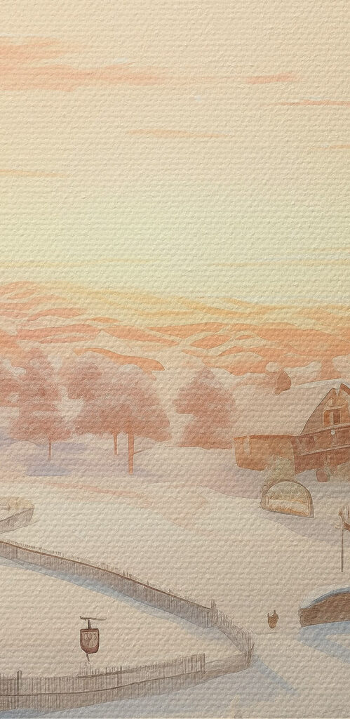 Snow covered village with trees and a fence