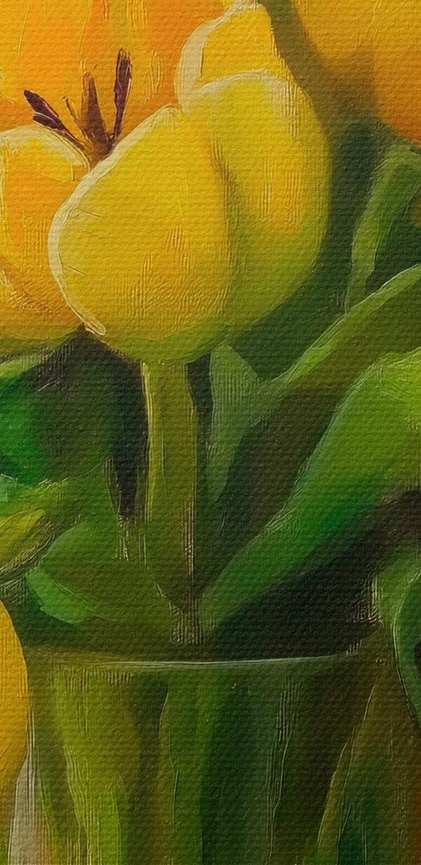 Painting of yellow tulips in a glass vase Painting of yellow tulips in a glass vase