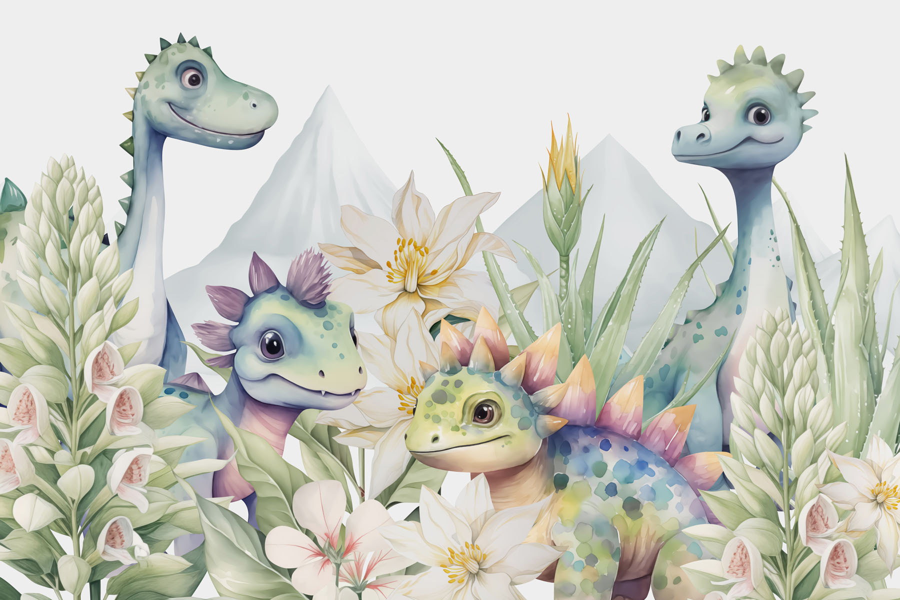 Group of dinosaurs surrounded by flowers