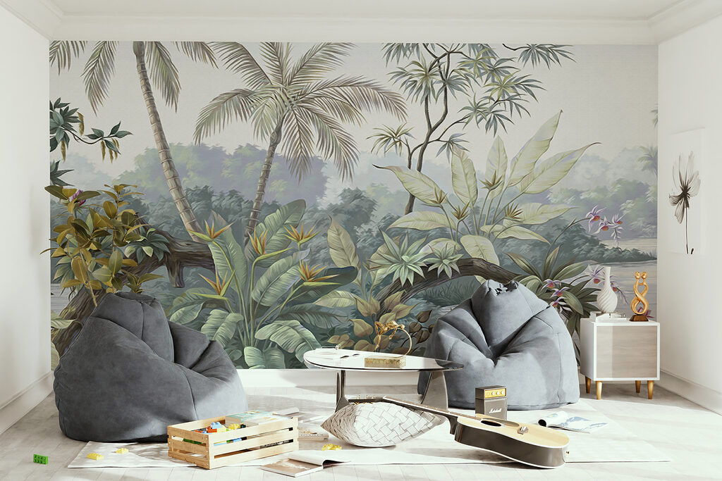 A mural of a forest with trees and water A mural of a forest with trees and water