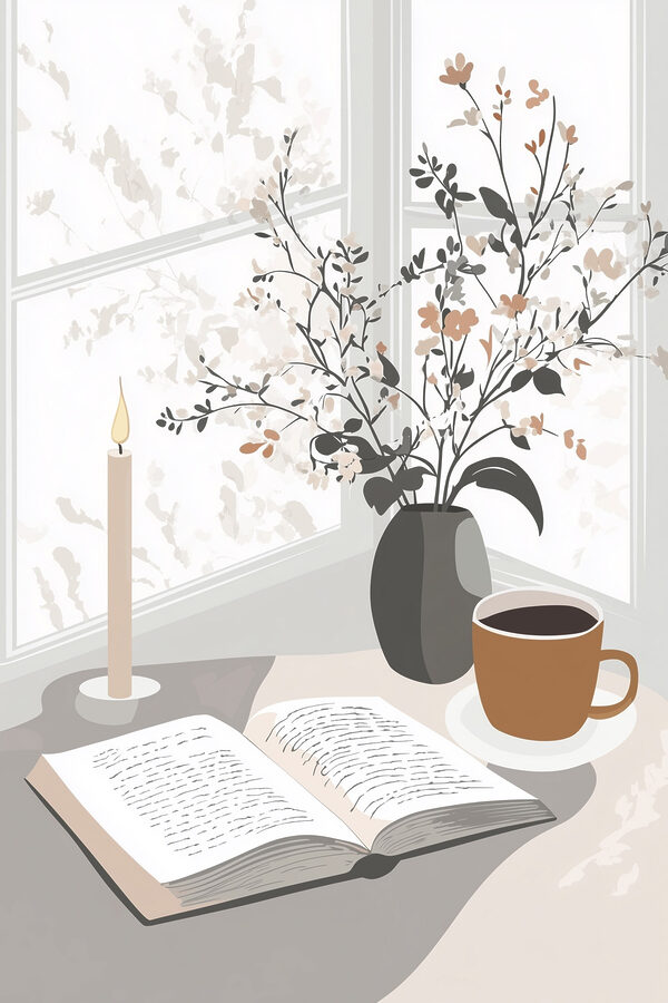 Book and a cup of coffee on a table
