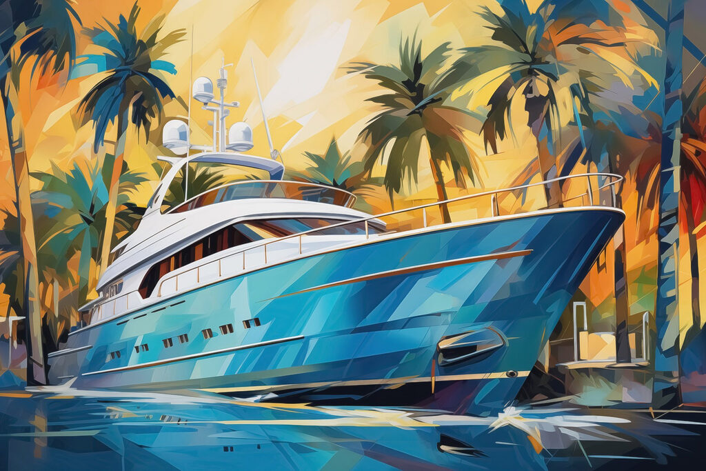 Blue boat in water with palm trees