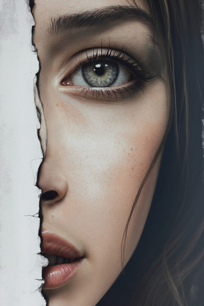 Woman's face with a torn paper