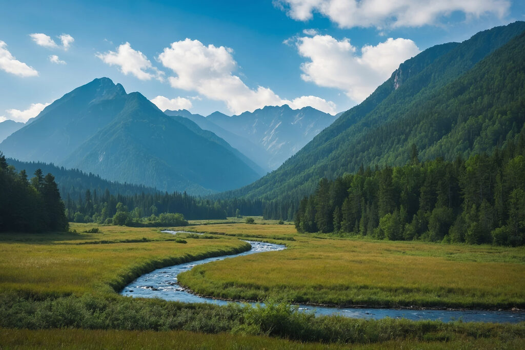 River running through a valley with mountains in the background River running through a valley with mountains in the background