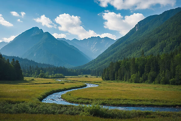 River running through a valley with mountains in the background River running through a valley with mountains in the background