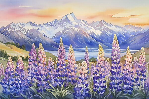 Painting of flowers and mountains Painting of flowers and mountains