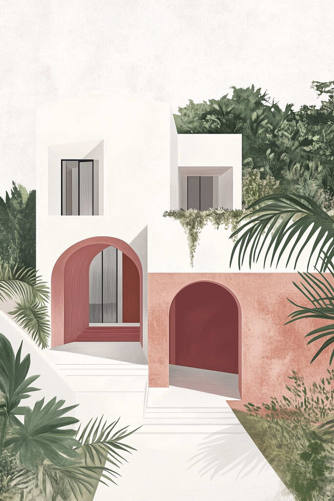 White and pink house with trees