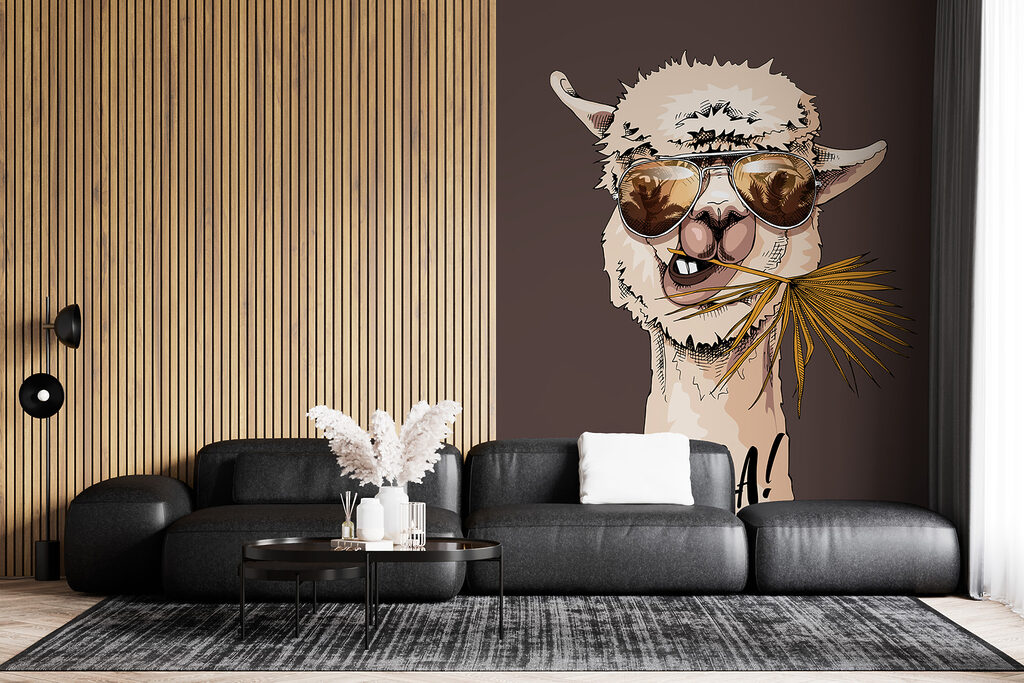 A llama wearing sunglasses and eating a palm leaf