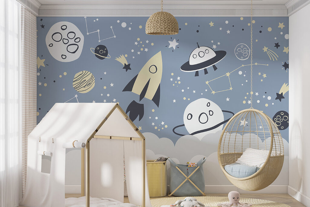 A cartoon space scene with planets and stars A cartoon space scene with planets and stars