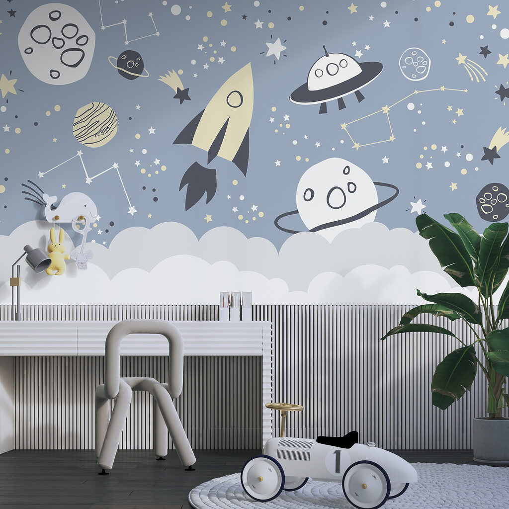 A cartoon space scene with planets and stars A cartoon space scene with planets and stars