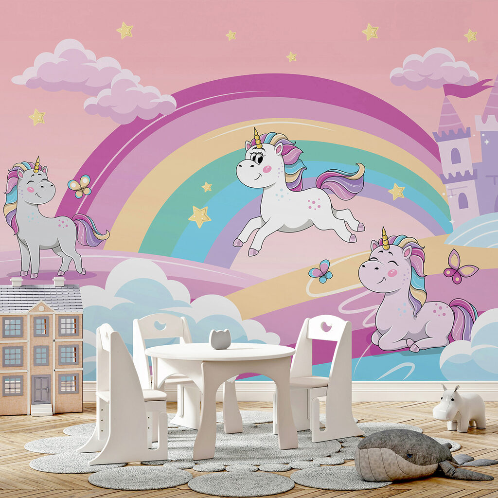 A cartoon unicorns and a rainbow A cartoon unicorns and a rainbow