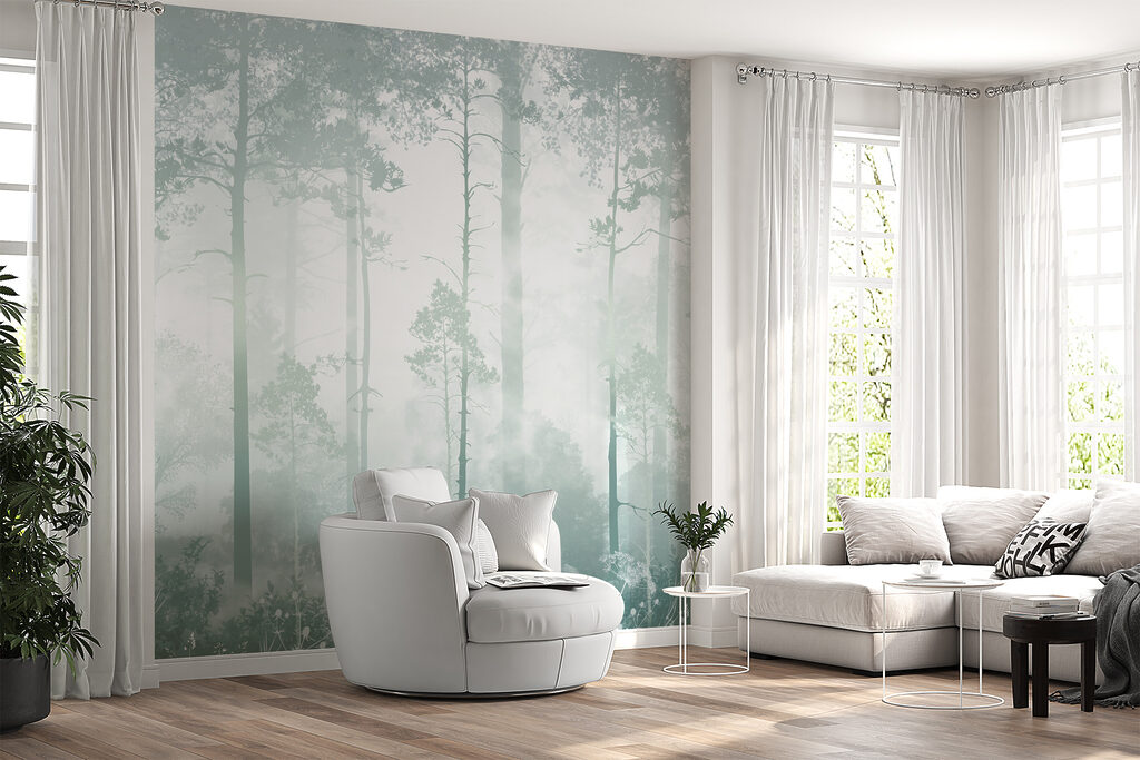 A foggy forest with tall trees A foggy forest with tall trees