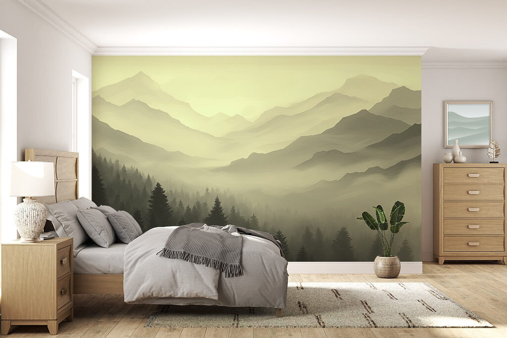 Foggy mountain landscape with trees Foggy mountain landscape with trees