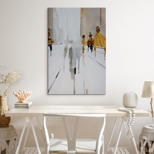 A painting of people walking on a snowy street A painting of people walking on a snowy street