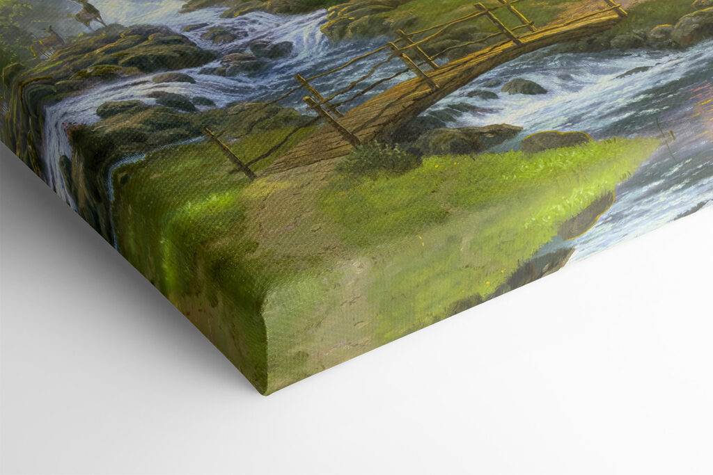 A painting of a log cabin with a bridge over a river A painting of a log cabin with a bridge over a river