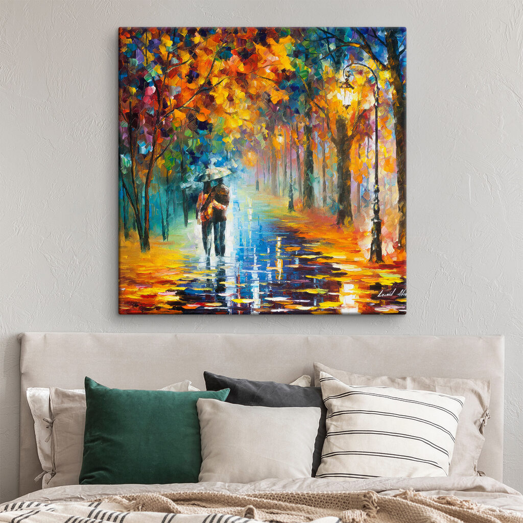 A painting of a couple walking in a park with trees and a lamp post A painting of a couple walking in a park with trees and a lamp post