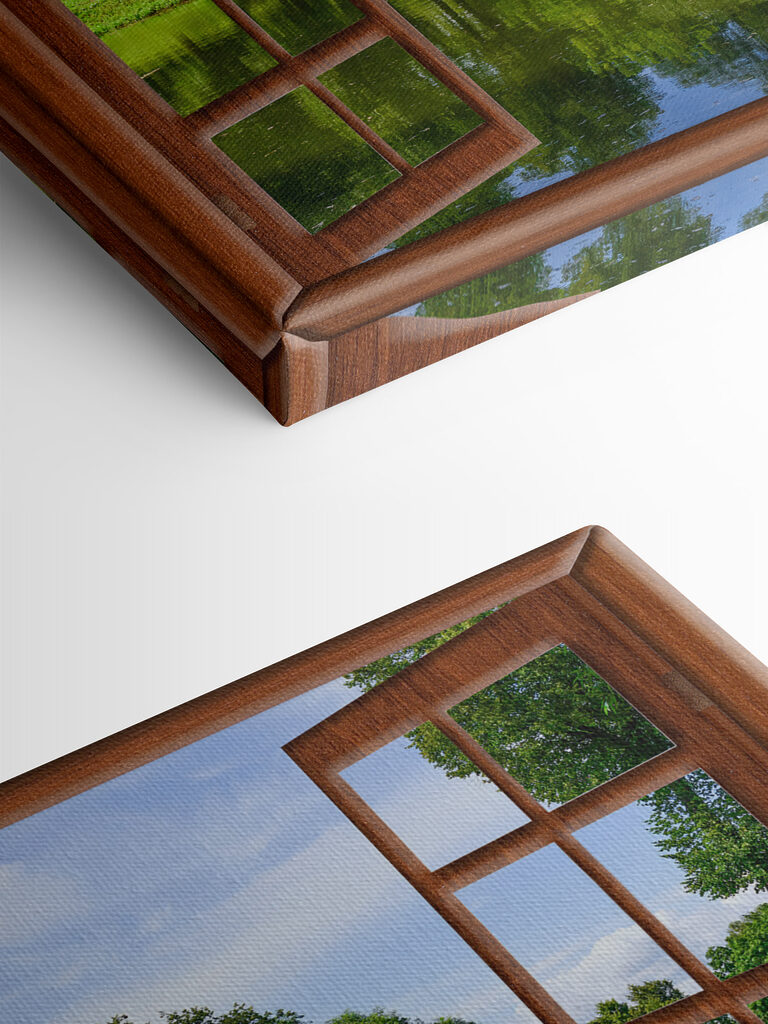 A window with a lake and trees