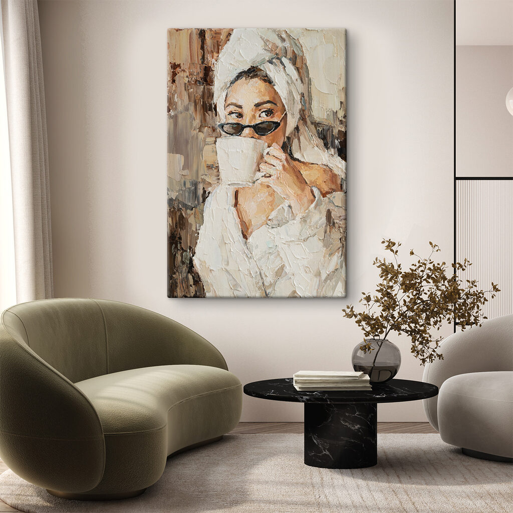 A painting of a woman holding a cup A painting of a woman holding a cup