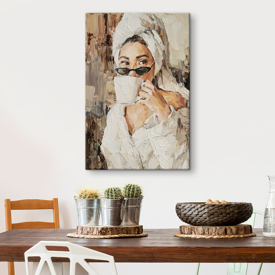 A painting of a woman holding a cup A painting of a woman holding a cup