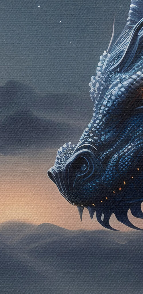 A blue dragon with a moon in the background