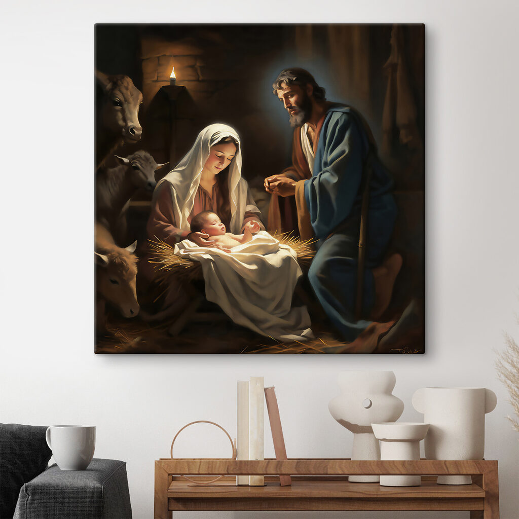 A painting of a man and woman in a manger with animals around A painting of a man and woman in a manger with animals around