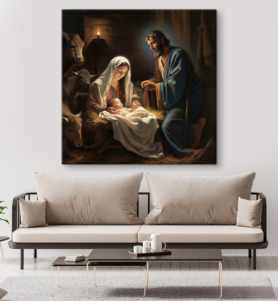 A painting of a man and woman in a manger with animals around A painting of a man and woman in a manger with animals around