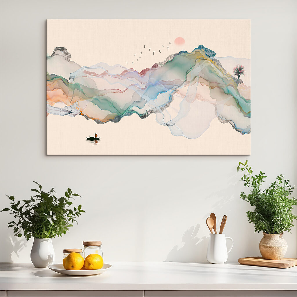 A painting of a boat in the water A painting of a boat in the water