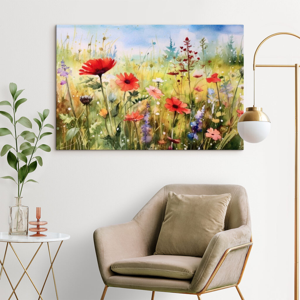 A painting of flowers in a field A painting of flowers in a field