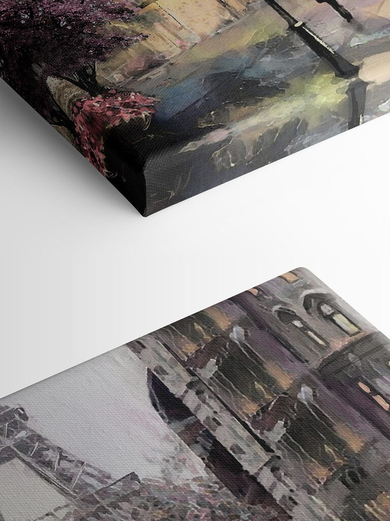 A painting of people walking with umbrellas in a city