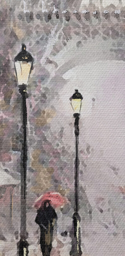 A painting of people walking with umbrellas in a city