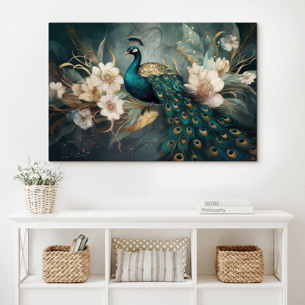 A peacock sitting on a branch with flowers