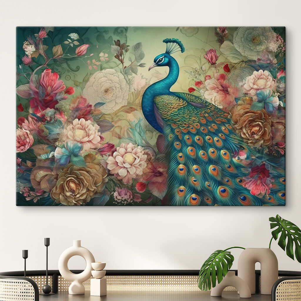 A peacock with flowers and leaves