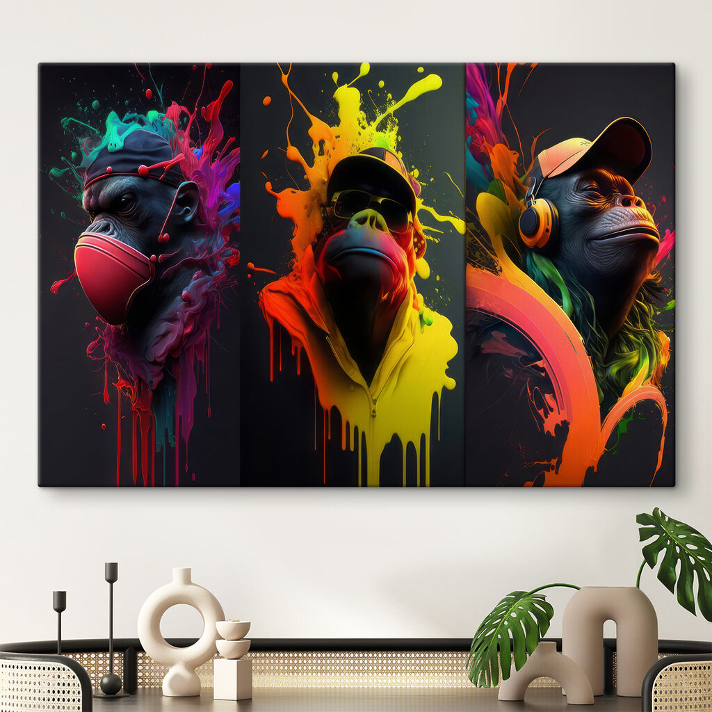 A collage of images of a monkey with colorful paint splashes