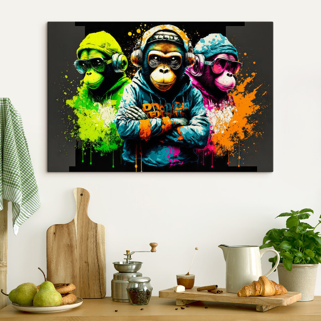 A group of monkeys wearing headphones and hoodies