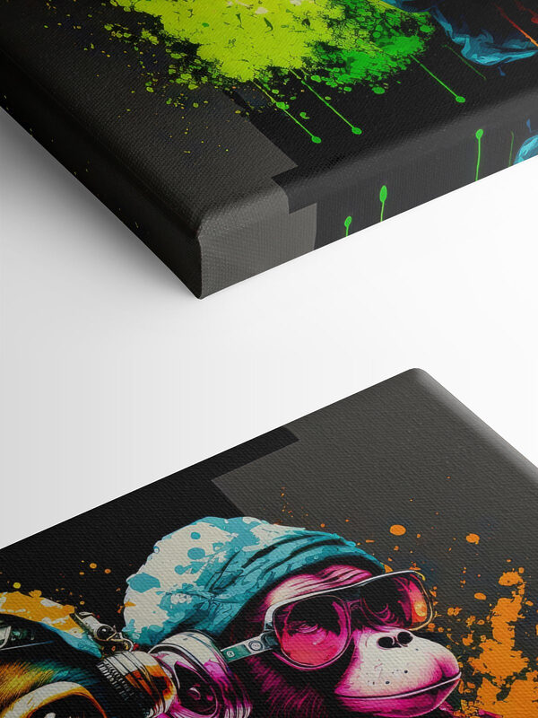 A group of monkeys wearing headphones and hoodies