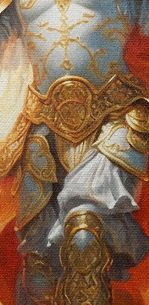 A painting of a person in armor with wings and a sword