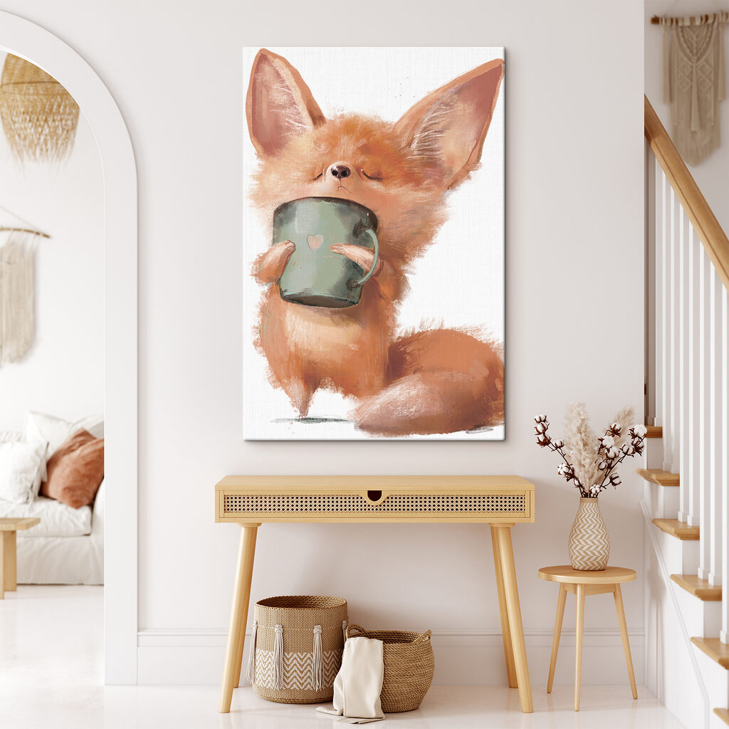 A fox holding a mug