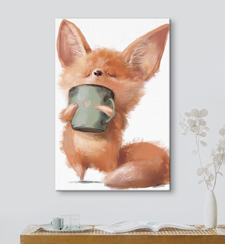 A fox holding a mug