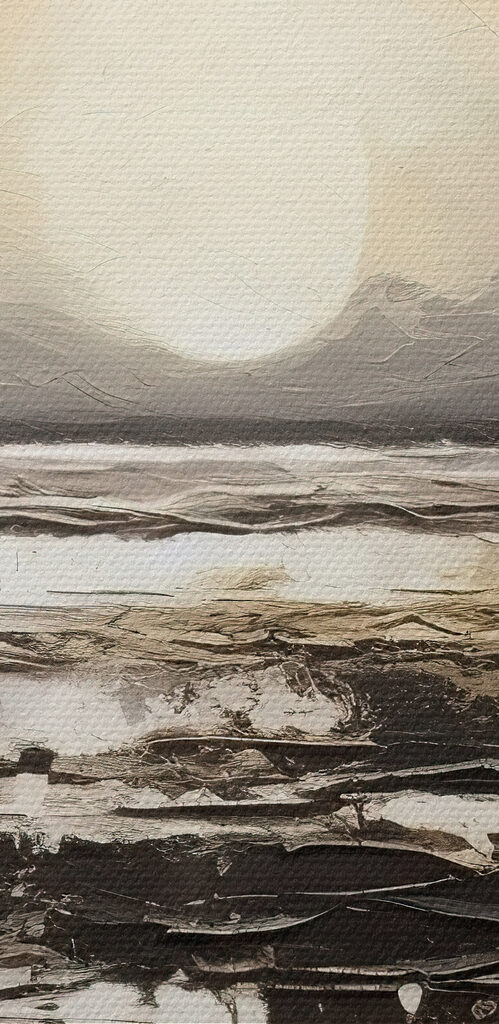 A painting of a beach with the sun in the background A painting of a beach with the sun in the background