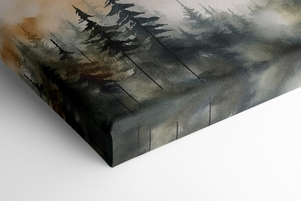 A watercolor of a forest with mountains in the background
