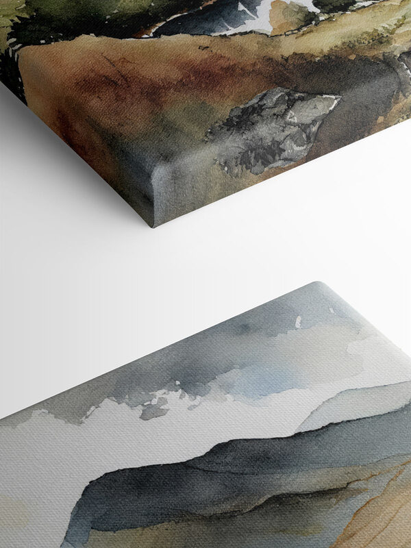 Watercolor of a lake surrounded by mountains Watercolor of a lake surrounded by mountains