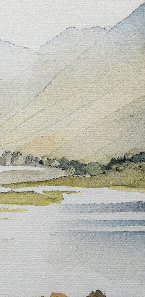 Watercolor of a lake surrounded by mountains Watercolor of a lake surrounded by mountains