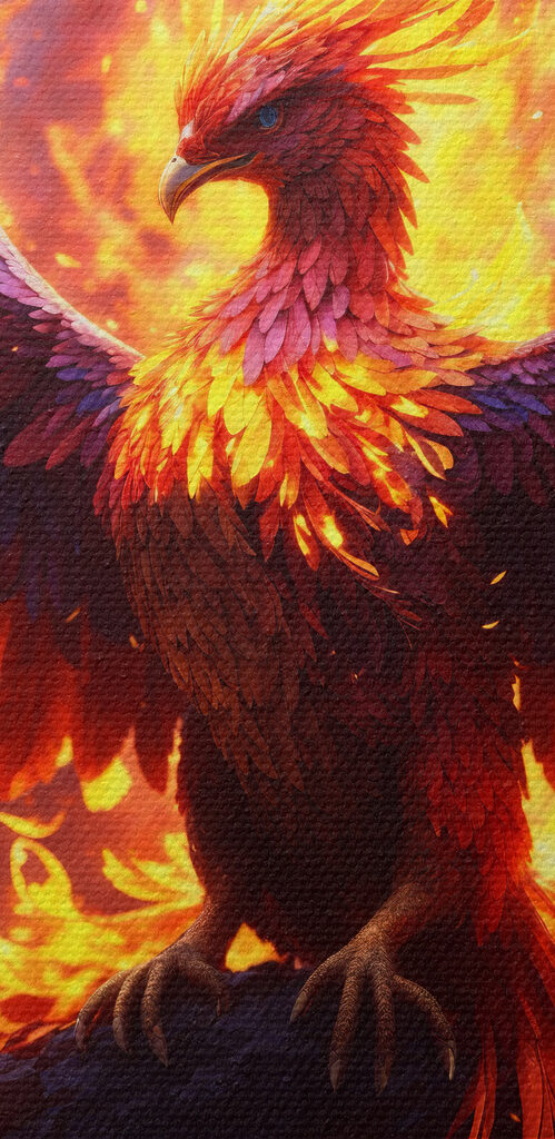 A bird with wings spread and flames in the background A bird with wings spread and flames in the background
