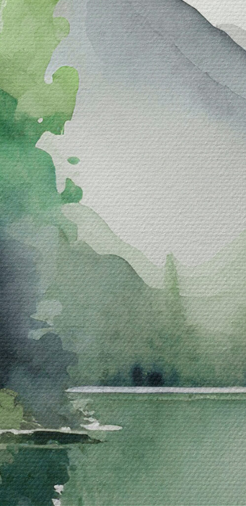 Watercolor painting of a lake surrounded by trees and mountains Watercolor painting of a lake surrounded by trees and mountains