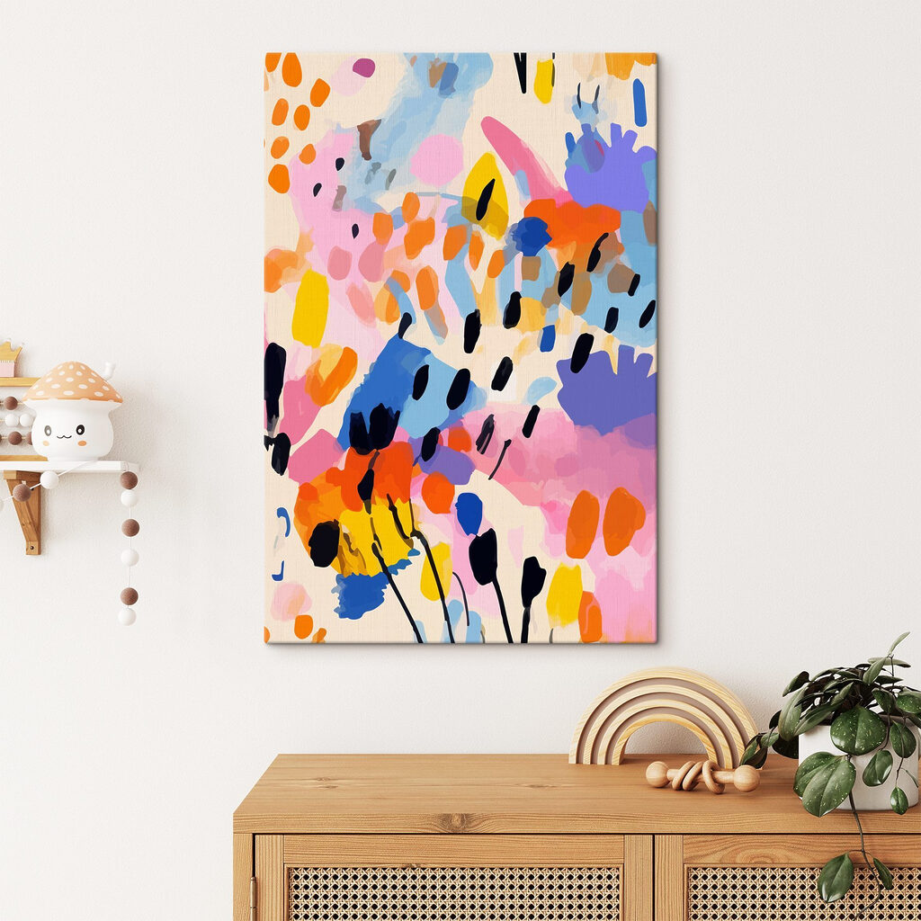 A colorful painting of black dots and spots
