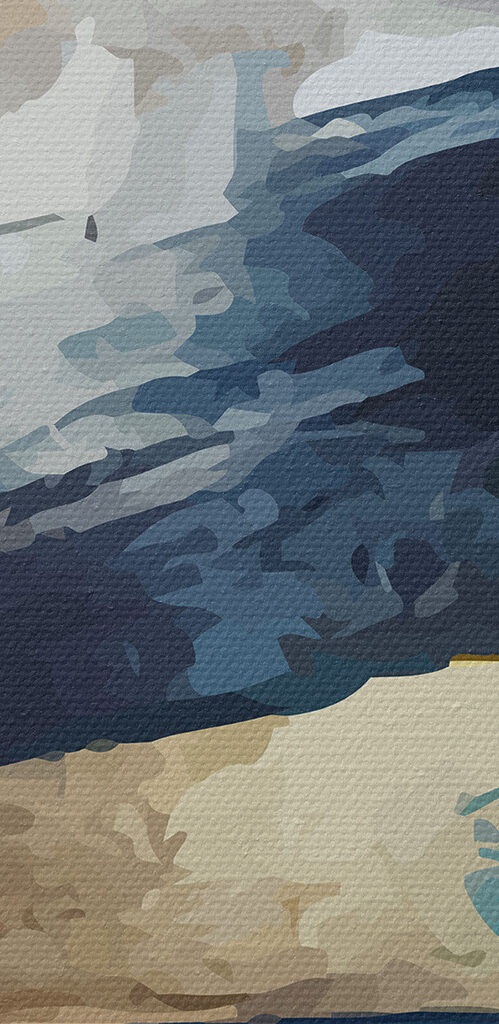 A painting of blue and white and brown paint