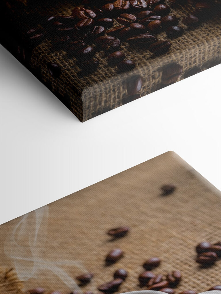 A cup of coffee and a bag of coffee beans A cup of coffee and a bag of coffee beans