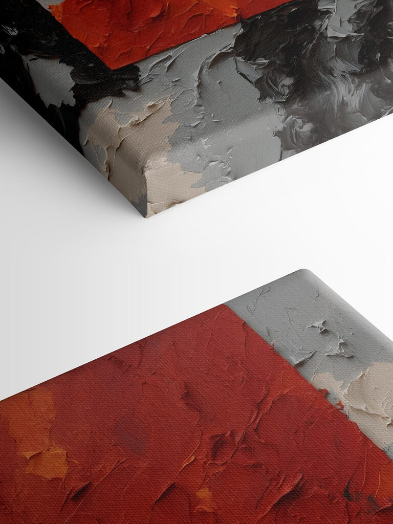 A painting of a red square with black and white paint