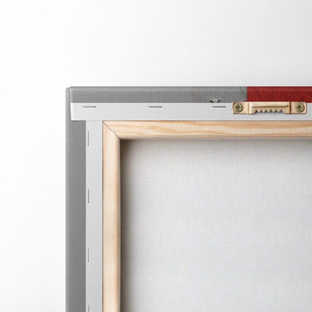 A painting of a red square with black and white paint